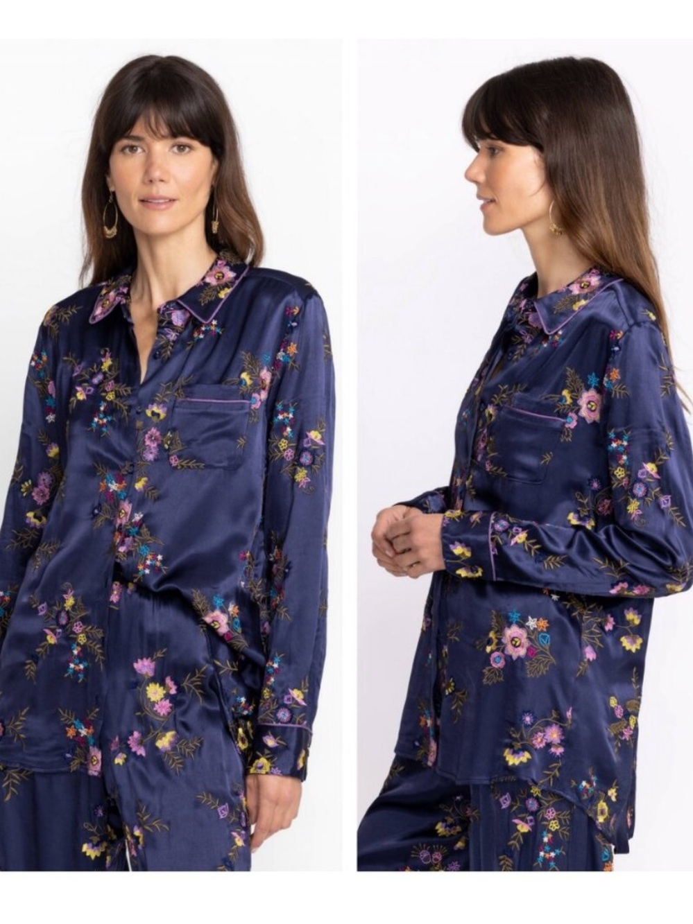 Johnny Was NWT Misty Button Down Shirt Navy Blue Embroidery Pink Floral Rayon XX